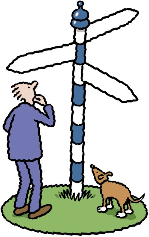 Man and dog puzzled by blank signpost
