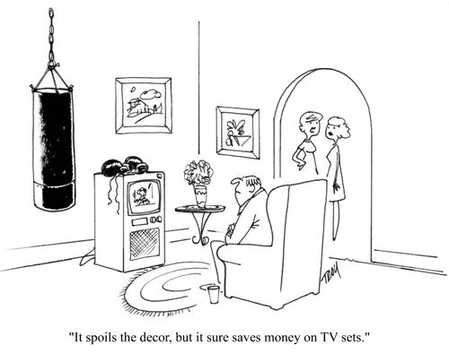 'It spoils the decor, but it sure saves money on TV sets.'
