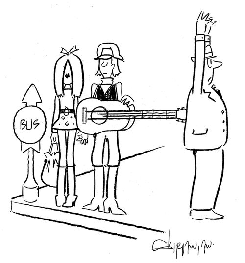 Man thinks he's being held up by a guitar a bus stop.