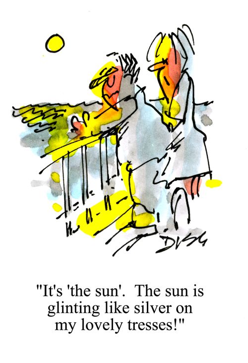 'It's the sun.  The sun is glinting like silver on my lovely tresses!'