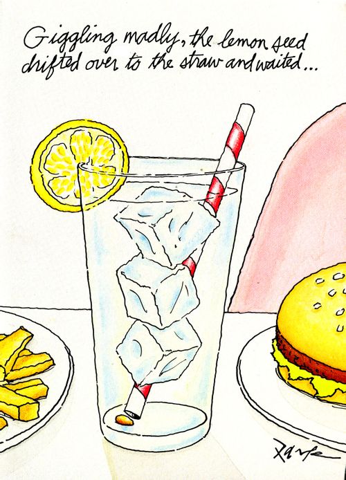 Giggling madly, the lemon seed drifted over to the straw and waited...