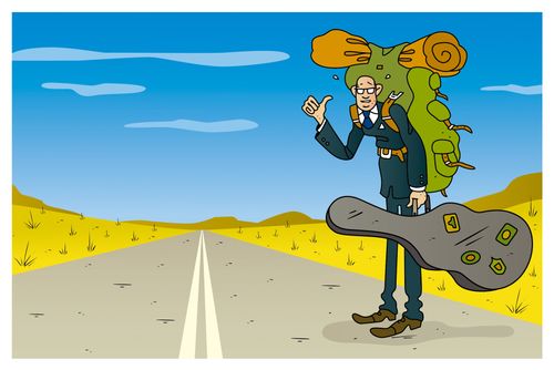 Senior executive holding guitar hitchiking on open road in desert landscape.