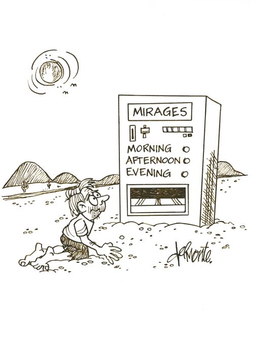 Man crawls in the desert see a vending machine with a sign: Mirages - Morning, afternoon, evening