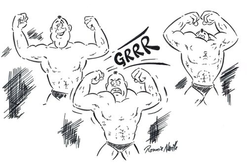 Body builder flexs his muscles so much that his head disappears inside them.