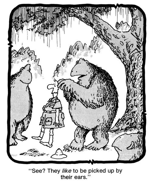 'See? They like to be picked up by their ears.'