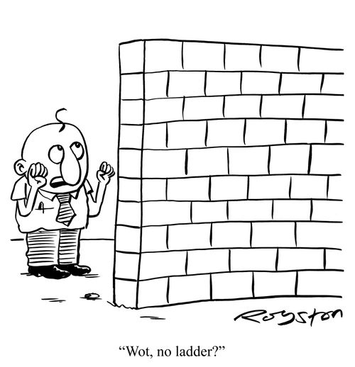 Kilroy graffiti character can't reach wall, and says: 'Wot, no ladder?'