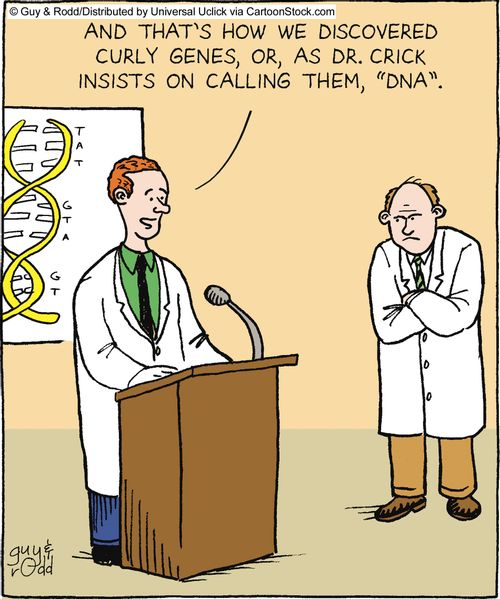 'And that's how we discovered curly genes, or, as Dr. Crick insists on calling them, 'DNA'.'