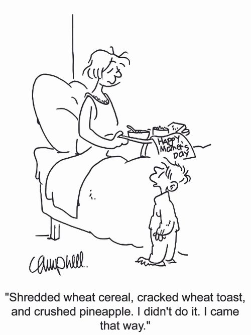 'Shredded wheat cereal, cracked wheat toast, and crushed pineapple. I didn't do it. It came that way.'