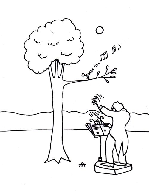 A man conducting a bird in a tree.