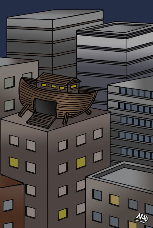 An Ark sits on top of a building in the middle of a city.