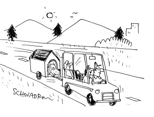 Family and dog go out on vacation.