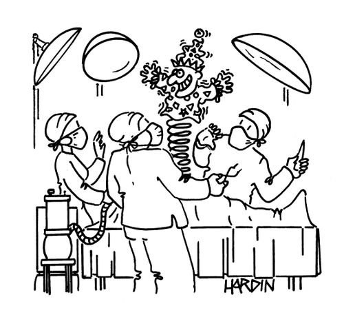 In an operating theatre, a jack-in-the-box jumps our of the patients stomach