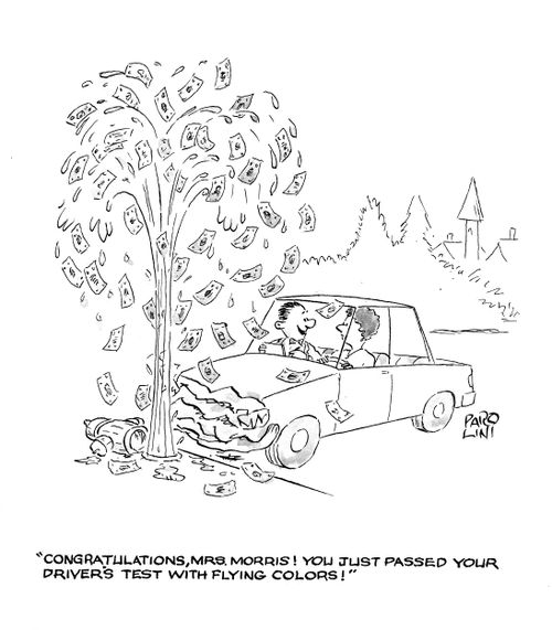 'Congratulations, Mrs Morris! You just passed your driving test with flying colours!'
