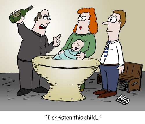 A priest is about to christen a baby with a bottle of champagne.