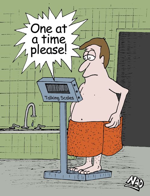 A man stands on the talking scale - 'One at a time please!'