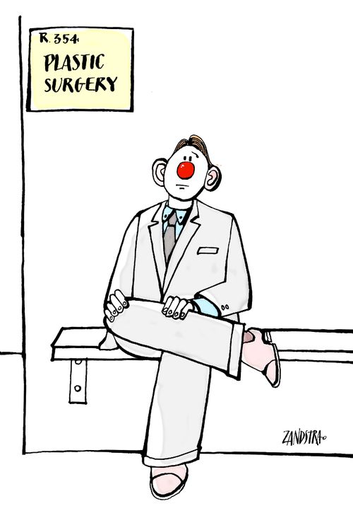 Man outside plastic surgery with big red nose.
