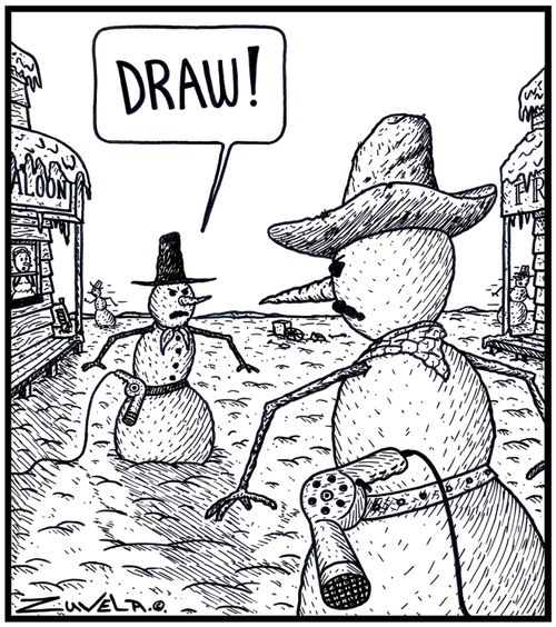 Cowboy Snowman: 'DRAW!' Two Cowboy Snowmen about to fight it out using their hot air Hairdryers