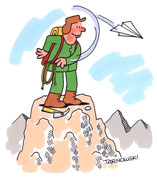 Throwing a paper aeroplane from the top of a mountain.