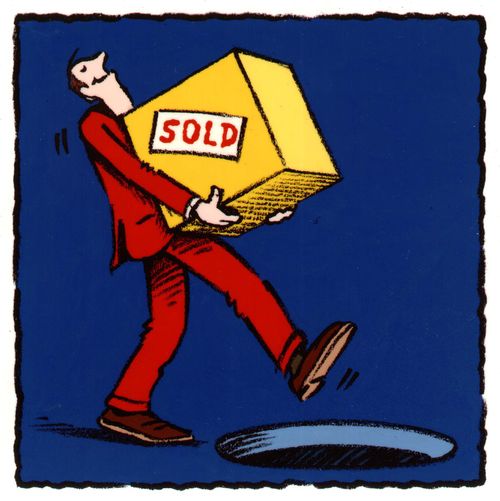 Man with a new purchase about to fall down a hole.