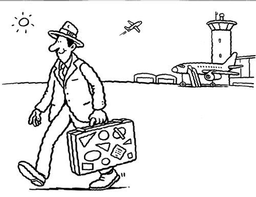 A man carrying his suitcase away from an aeroplane.