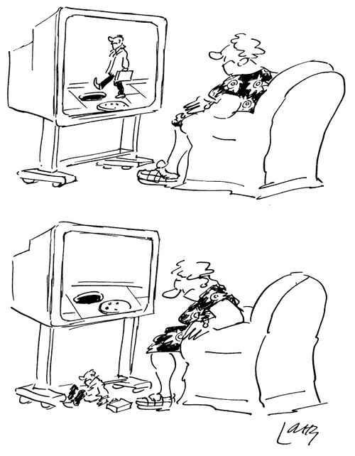 Man on TV stepping on man hole and falling through TV