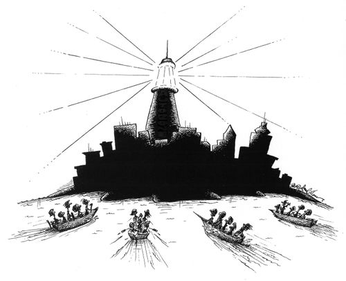 Lighthouse in a city skyline.