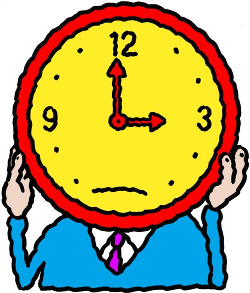 Miserable man with a clock as a face.