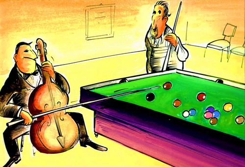 Cellist uses his bow to play snooker with.