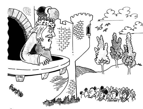 King looking down on a group of townsfolk
