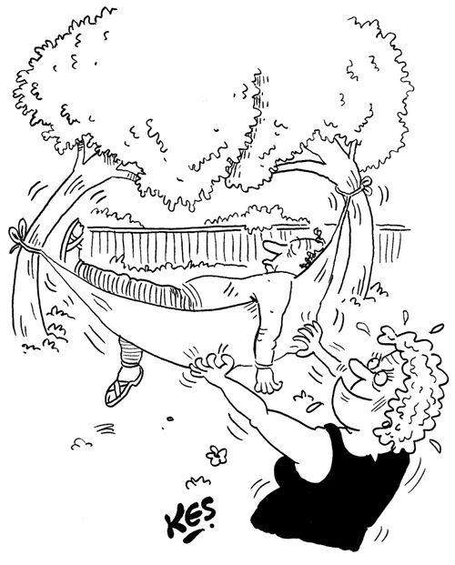 Woman pulls hammock to catapult her sleeping husband.