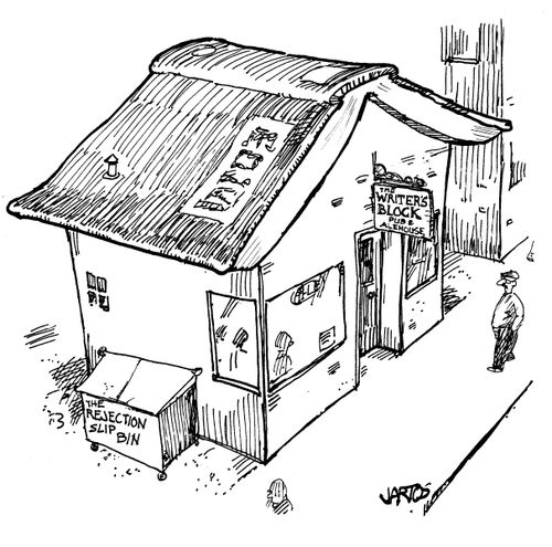 Building called 'The Writer's Block' - ouside there is a 'rejection slip bin'.