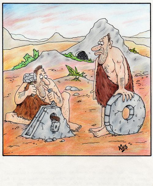 Inventor of the wheel sees man inventing wheel clamp.