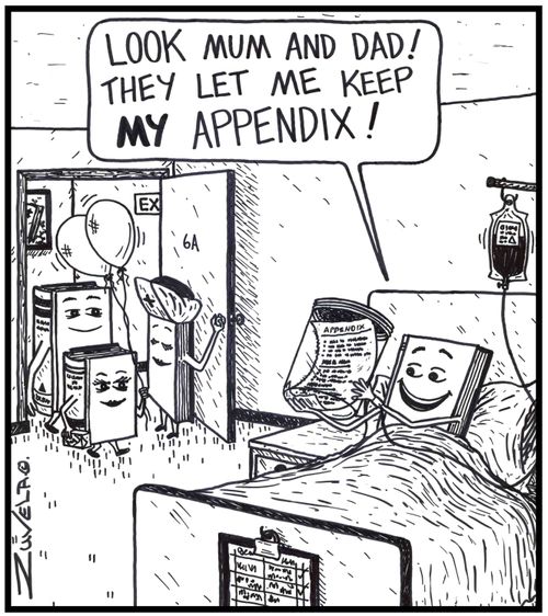 'Look mum and dad! They let me keep my appendix!' - A young book excitedly showing off his appendix to his arriving parents.