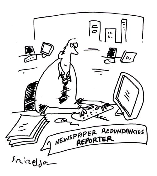 Newspaper Redundancies Reporter in empty office.