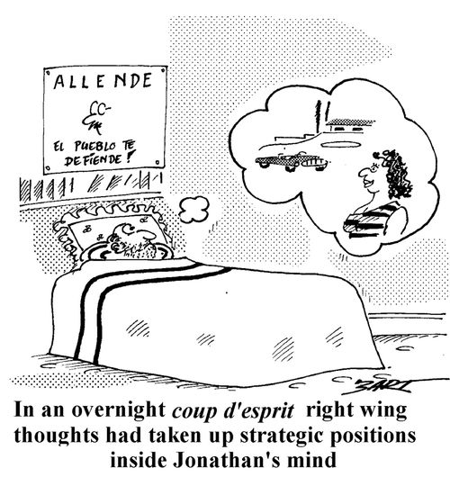 In an overnight Coup d'Esprit, right wing thoughts had taken up strategic positions inside Jonathan's mind.