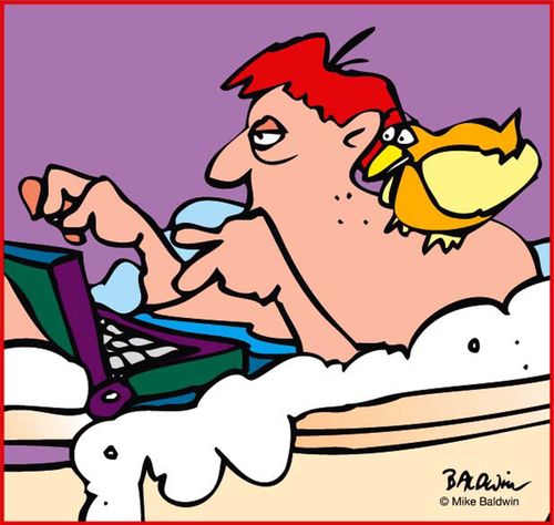 Man in Bath with Laptop and Bird.