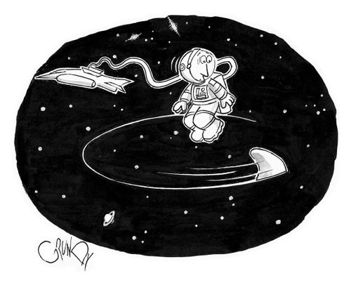 Astronaut on tether sees circling shark slicing through the surrounding space.
