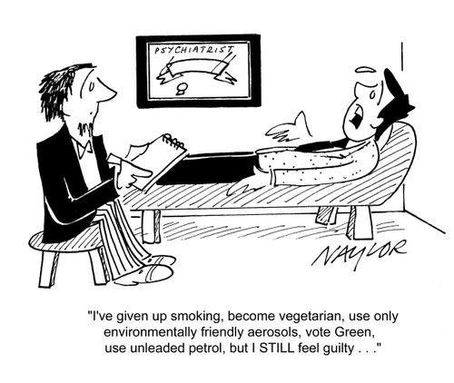 'I've given up smoking, become vegetarian, use only environmentally friendly aerosols, vote Green, use unleaded petrol, but I STILL feel guilty...'