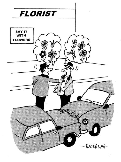 Two men arguing in front of florist shop.