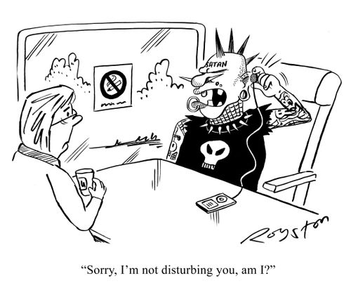 'Sorry, I'm not disturbing you, am I?' (Man has tattoos, piercings, Satan on forehead)
