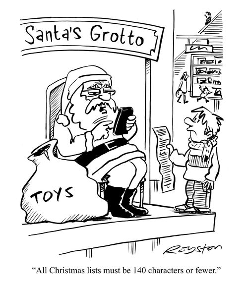 Santa, tapping at mobile phone, turns away child saying: 'All Christmas lists must be 140 characters of fewer.'