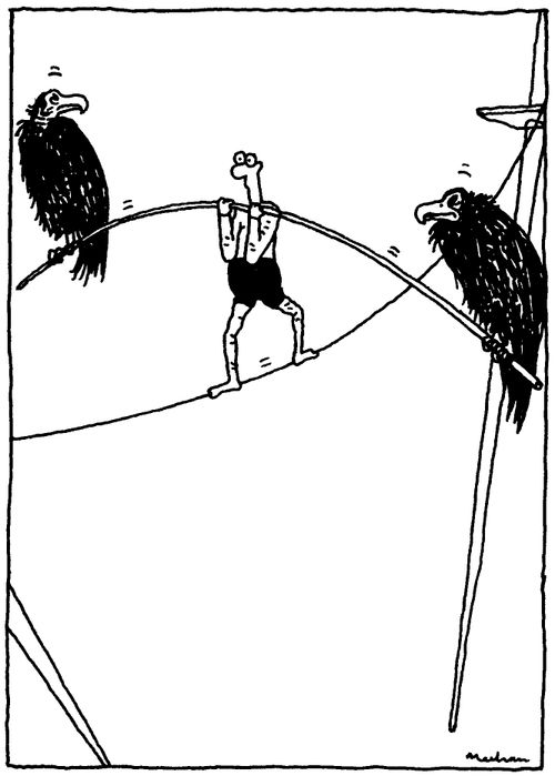 Tightrope walker and vultures.