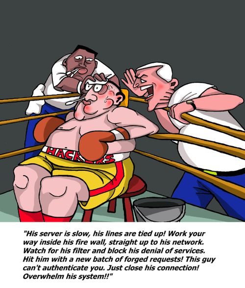 "His server is slow, his lines are tied up...close his connection! Overwhelm his system!"
