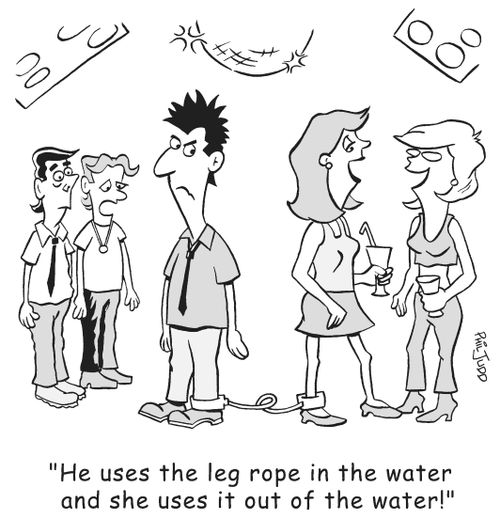 'He uses the leg rope in the water and she uses it out of the water!'