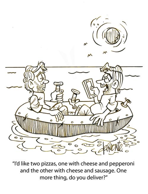 'I'd like two pizzas, one with cheese and pepperoni and the other with cheese and sausage. One more thing, do you deliver?'