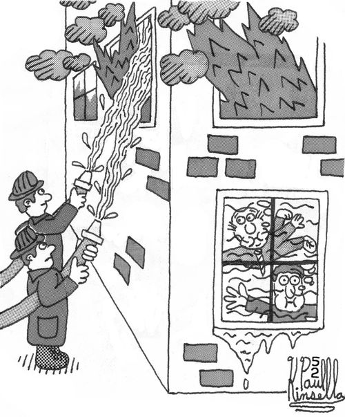 Fire Fighters fighting a fire with water leading to the drowning of the trapped inhabitants.