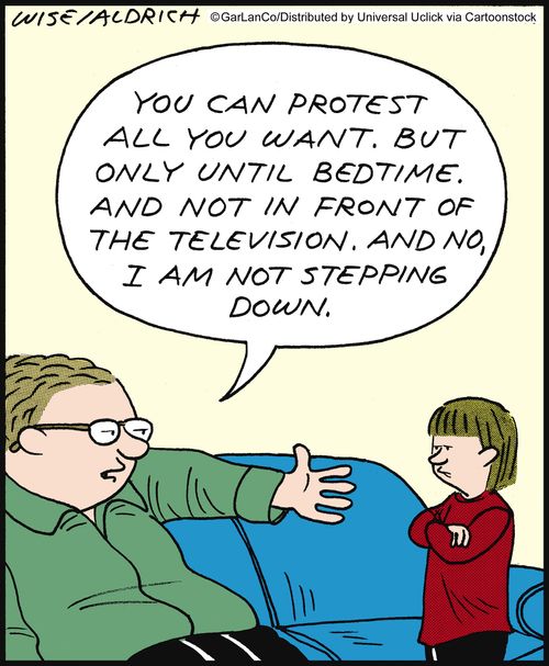'You can protest all you want. But only until bedtime. And not in front of the television. And no, I am not stepping down.'