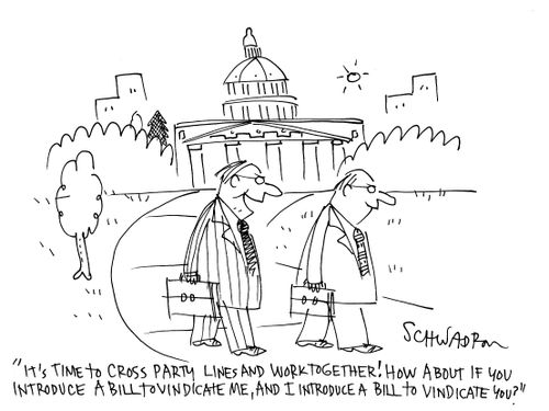 'It's time to cross party lines and work together! How about if you introduce a bill to vindicate me, and I introduce a bill to vindicate you?'