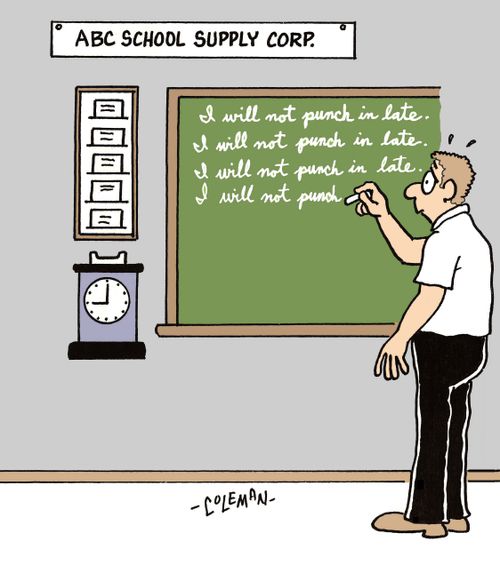Employee of school supply company in trouble for punching in late.
