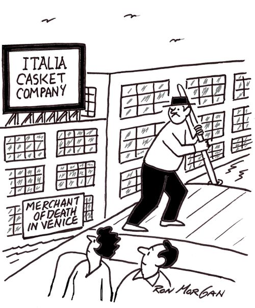 Tourists on Venice canal see sign on casket company: Merchant Of Death In Venice.